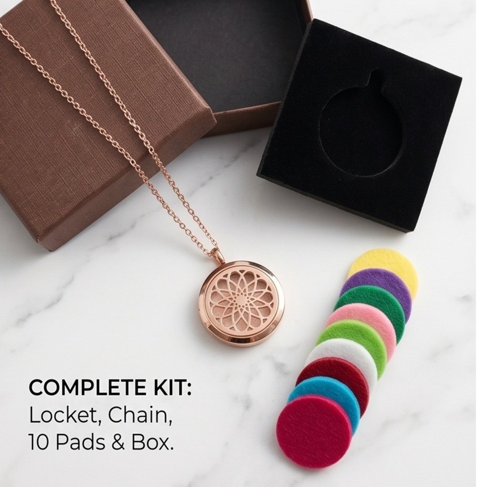 Rose‎ Gold Color Aromatherapy Diffuser Necklace Pendant Chain Colorful Pads Box